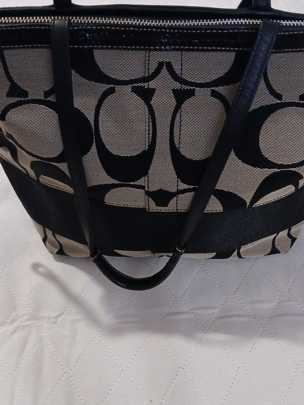 Coach Khaki and Black Signature Tote with Center Stripe